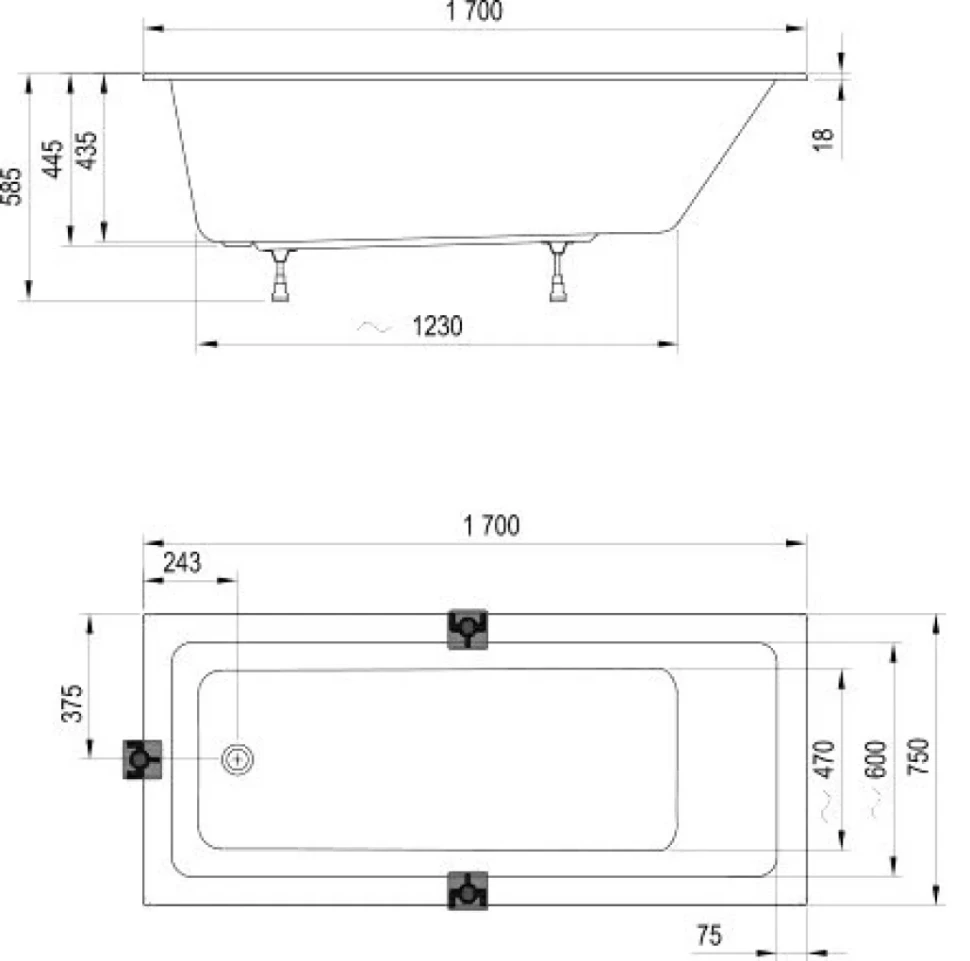 Акриловая ванна Ravak 10° SLIM без опоры 170x75 см, пристенная, белая
