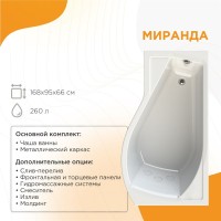 Акриловая ванна Radomir Vannesa Миранда 2-01-0-1-1-209 L 170x95 см, левая, пристенная, белая, асимметричная, с каркасом