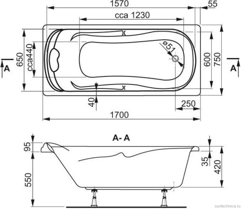 Акриловая ванна Vagnerplast Charitka 170x75 см, пристенная, ультрабелая, с каркасом