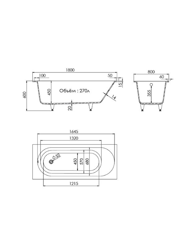 Ванна из искусственного камня Triton Омега 180x80 см, встраиваемая, белая, на ножках