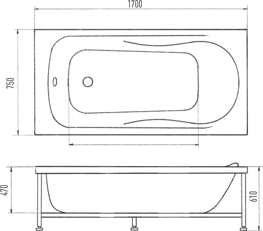 Акриловая ванна EUROLUX Alla 170x75 см, пристенная, белая, с каркасом
