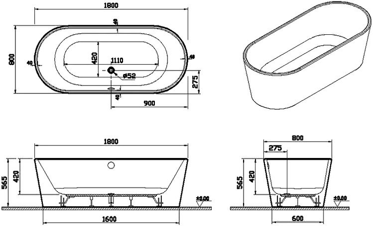 Акриловая ванна VitrA Geo 180x80 см, отдельностоящая, белая, овальная, со сливом-переливом