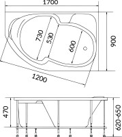 Акриловая ванна 1MarKa Diana R 170x90 см, угловая, правая, пристенная, белая, асимметричная, с каркасом