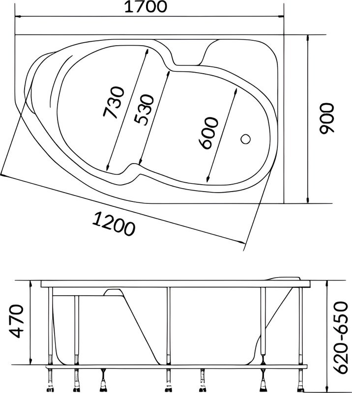 Акриловая ванна 1MarKa Diana R 170x90 см, угловая, правая, пристенная, белая, асимметричная, с каркасом