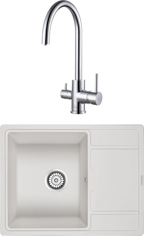 Комплект Мойка Paulmark Flugen 50-650 PM216550-WH белый + Смеситель Essen Es213211-CR хром
