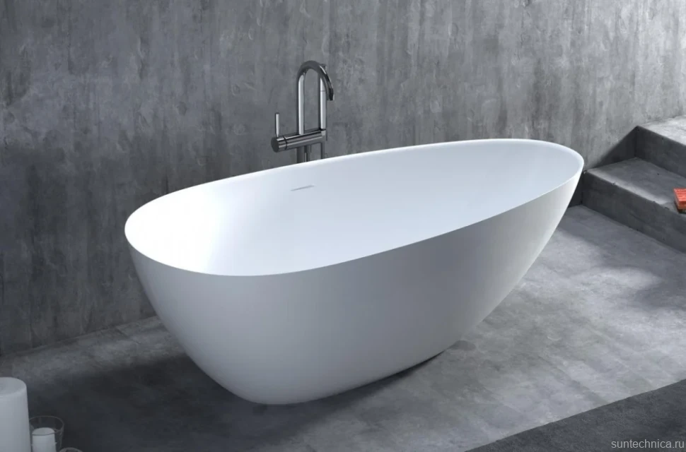Ванна из искусственного камня Salini Paola In S-Stone 170x80 см, отдельностоящая, матовая белая, овальная, со сливом-переливом, с донным клапаном