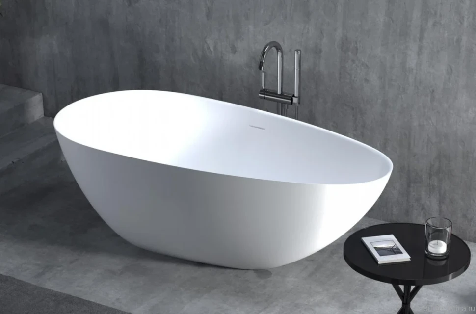 Ванна из искусственного камня Salini Paola In S-Stone 170x80 см, отдельностоящая, матовая белая, овальная, со сливом-переливом, с донным клапаном