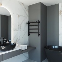 Полотенцесушитель электрический Grota Lore 530х600 RAL9005 EL 60x55 см, подключение справа, слева, скрытое подключение справа, матовый черный, лесенка, из стали, с полкой