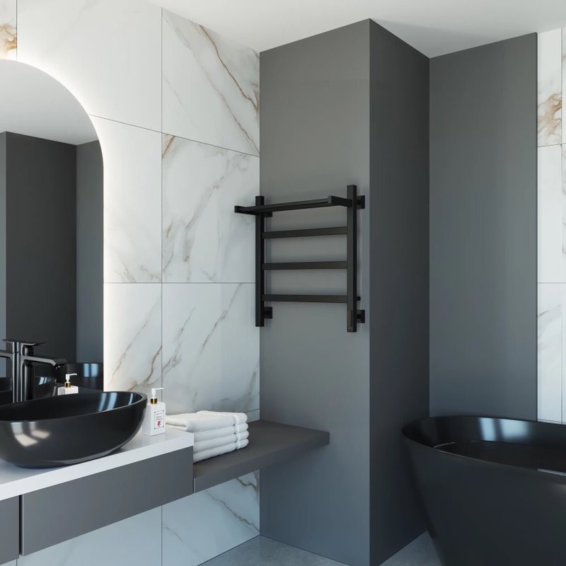 Полотенцесушитель электрический Grota Lore 530х600 RAL9005 EL 60x55 см, подключение справа, слева, скрытое подключение справа, матовый черный, лесенка, из стали, с полкой