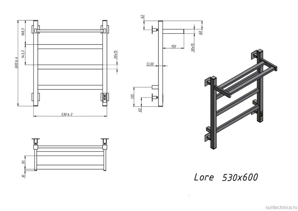 Полотенцесушитель электрический Grota Lore 530х600 RAL9005 EL 60x55 см, подключение справа, слева, скрытое подключение справа, матовый черный, лесенка, из стали, с полкой