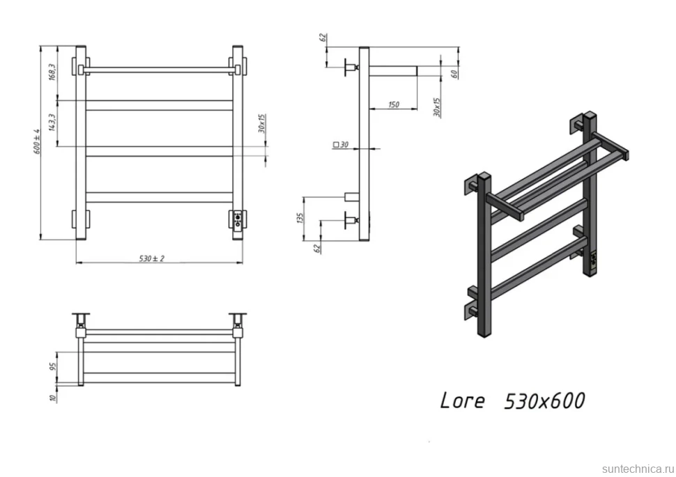 Полотенцесушитель электрический Grota Lore 530х600 RAL9005 EL 60x55 см, подключение справа, слева, скрытое подключение справа, матовый черный, лесенка, из стали, с полкой