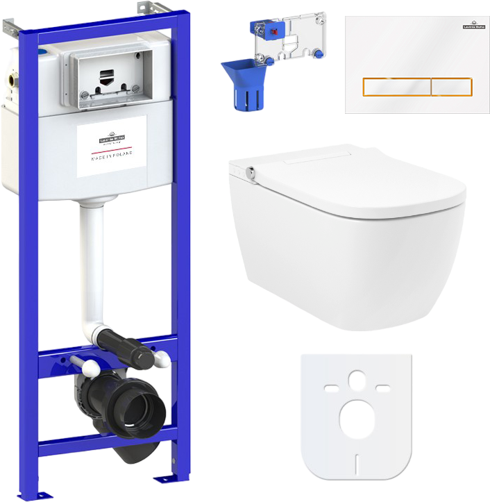 Комплект Lavinia Boho Унитаз подвесной Smart V-Clean 3359101R безободковый, с микролифтом + Инсталляция RelFix 38010010 + Кнопка RelFix 38050802 белая, золотой глянец + Дозатор RelFix 38040010
