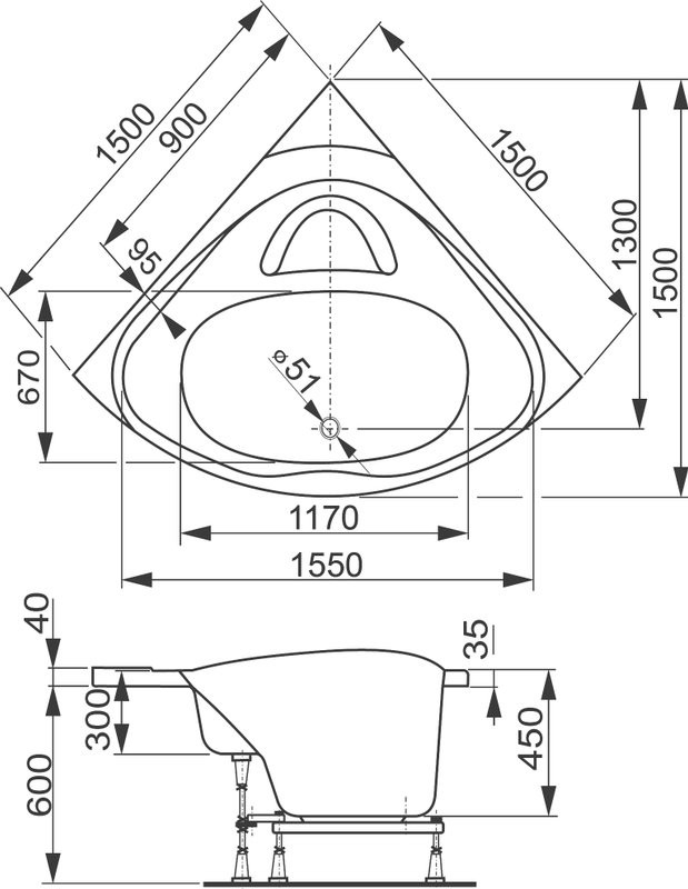 Акриловая ванна Vagnerplast Athena 150x150 см, угловая, пристенная, белая, четверть круга, с каркасом, с сиденьем