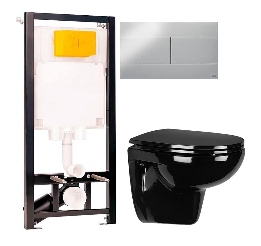 Комплект Унитаз подвесной Wanfald Lauta 47374100005 черный + Инсталляция OLI 80 ECO Sanitarblock mechanic 3 в 1 с кнопкой смыва