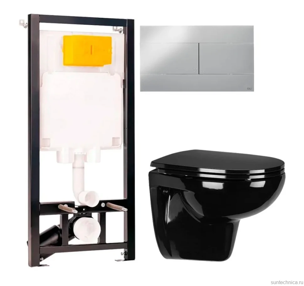 Комплект Унитаз подвесной Wanfald Lauta 47374100005 черный + Инсталляция OLI 80 ECO Sanitarblock mechanic 3 в 1 с кнопкой смыва