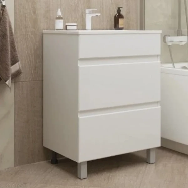 Тумба с раковиной Mixline Брикс 60 2 ящика, глянцевая белая, раковина Breeze 60