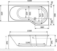 Акриловая ванна Excellent Be Spot Relax R 160x80 см, угловая, правая, встраиваемая, с гидромассажем, белая, асимметричная, с каркасом, со сливом-переливом, фурнитура бронза