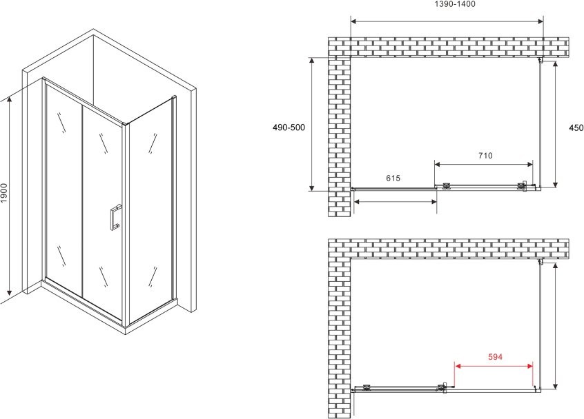 Душевой уголок Abber Schwarzer Diamant AG30140B5-S50B5 140x50, профиль черный, стекло прозрачное