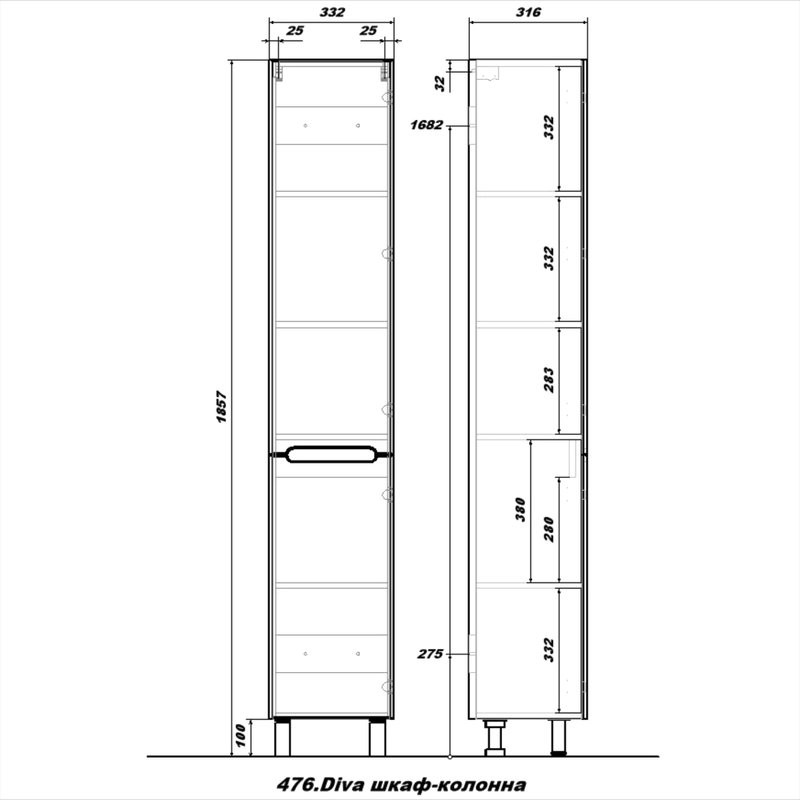 Шкаф-пенал для ванной SanStar Diva 30 графит софт, дуб вотан