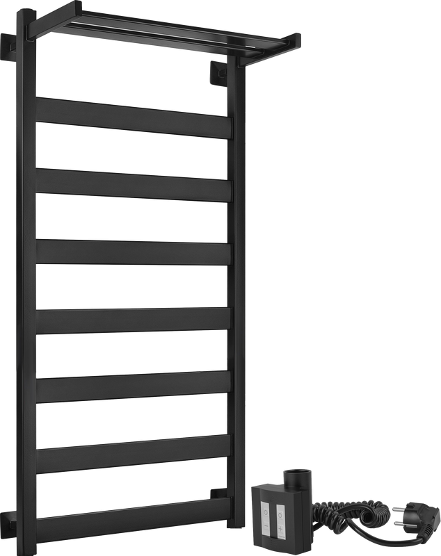 Полотенцесушитель электрический Secado Комано 1 СП , 105x55 см, подключение слева, матовый черный, лесенка, с полкой