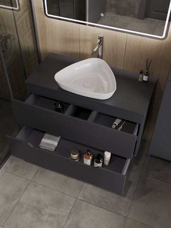 Мебель для ванной комнаты Orange Line 100 подвесная, 2 ящика, матовый графит с раковиной B07-500W