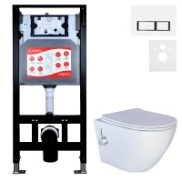 Комплект 3 в 1 Унитаз подвесной Esbano ESWBTERUWN + Инсталляция Fram + Кнопка ESINPRK12GW цвет глянцевый белый