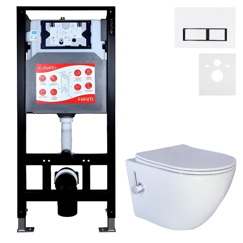 Комплект 3 в 1 Унитаз подвесной Esbano ESWBTERUWN + Инсталляция Fram + Кнопка ESINPRK12GW цвет глянцевый белый
