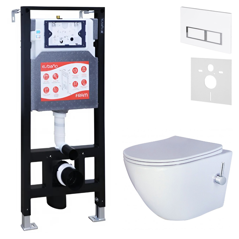 Комплект 3 в 1 Унитаз подвесной Esbano ESWBTERUWN + Инсталляция Fram + Кнопка ESINPRK12GW цвет глянцевый белый