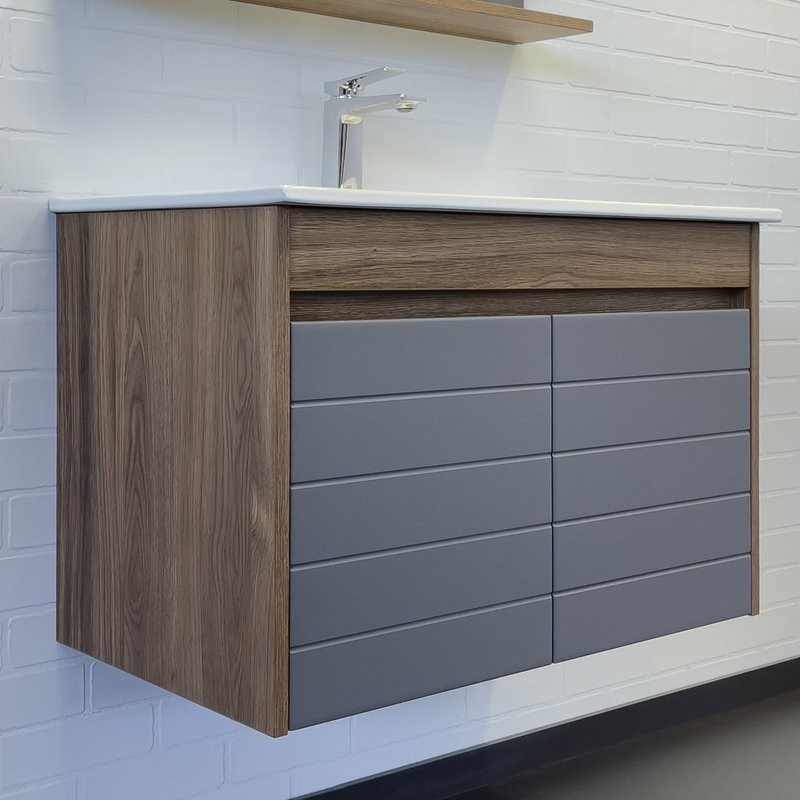 Тумба с раковиной Comforty Кемер 75 подвесная, антрацит, темно-коричневый дуб