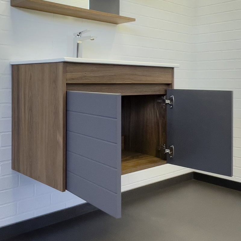 Тумба с раковиной Comforty Кемер 75 подвесная, антрацит, темно-коричневый дуб