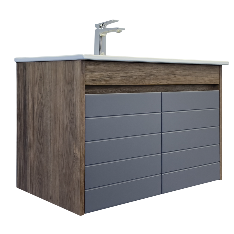 Тумба с раковиной Comforty Кемер 75 подвесная, антрацит, темно-коричневый дуб