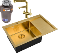 Комплект Мойка Zorg Inox PVD SZR-7851-L Bronze + Смеситель Sanitary SZR-3216 Bronze бронза + Измельчитель Bort Titan 5000