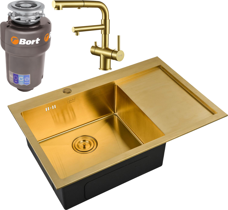 Комплект Мойка Zorg Inox PVD SZR-7851-L Bronze + Смеситель Sanitary SZR-3216 Bronze бронза + Измельчитель Bort Titan 5000