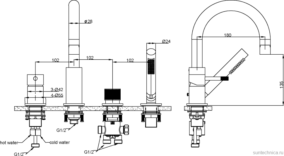 Смеситель на борт ванны Boheme Uno 460-GM gun metal