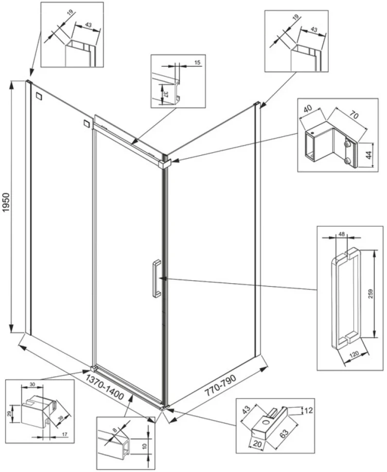 Душевой уголок Veconi Rovigo RV-070G 140x80, брашированное золото