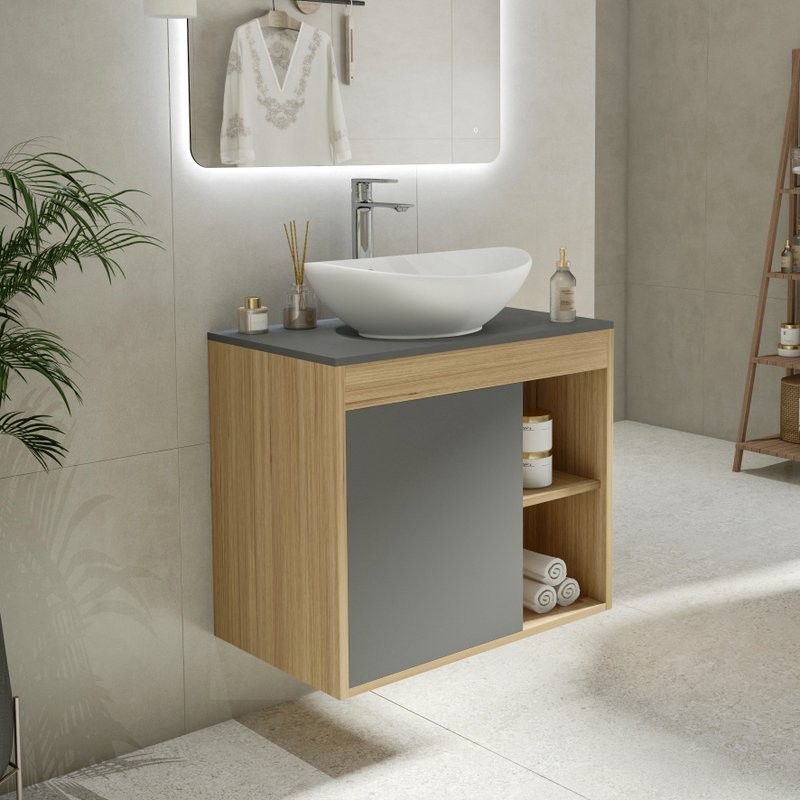 Тумба с раковиной Teymi Nura 70 дуб эврика, матовый графит, раковина Lori 60