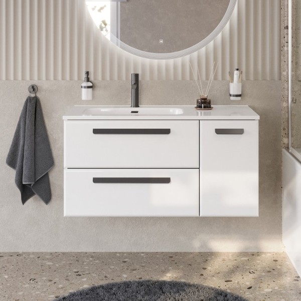 Тумба с раковиной Cezares Eco Cer-N 100 L 2 ящика, 1 дверца, bianco lucido, раковина Duet 100 L, ручки матовые черные