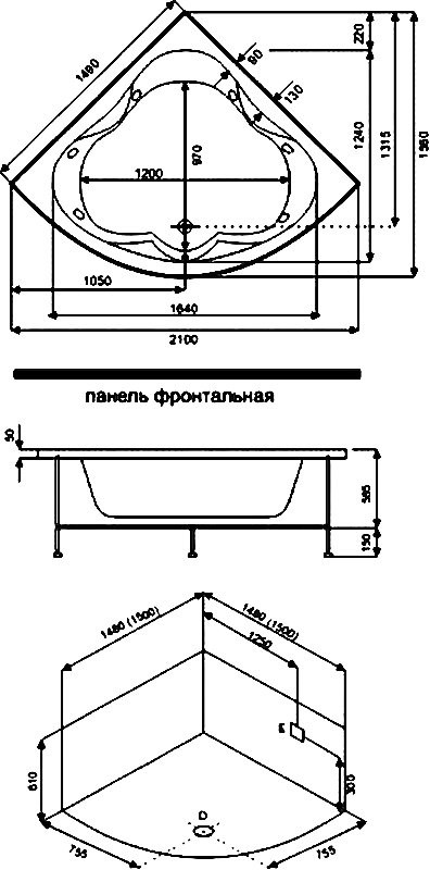 Акриловая ванна Bas Империал 150x150 см, угловая, пристенная, белая, четверть круга, с каркасом