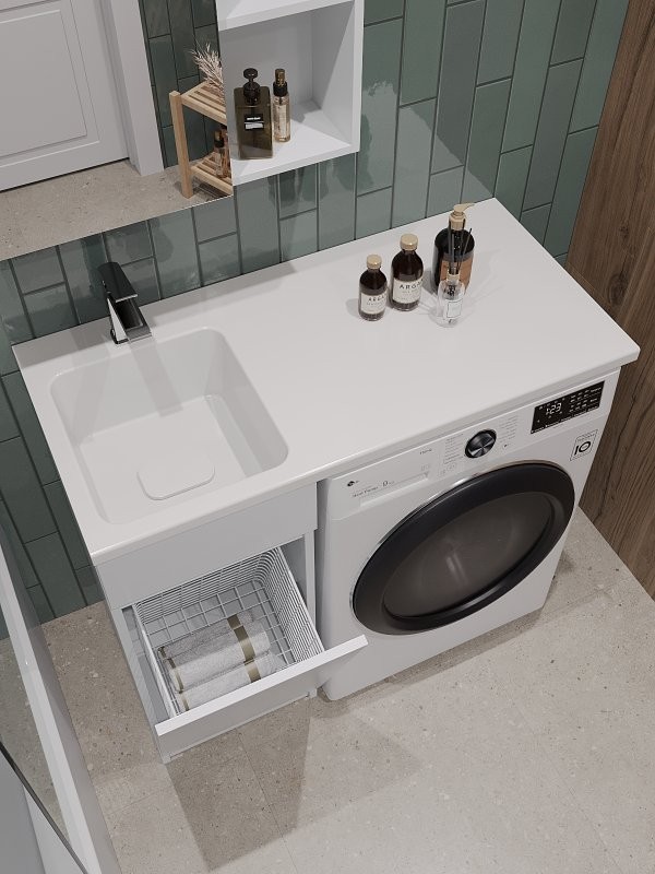 Тумба под раковину Orange Sistema 40 L белый глянец, с бельевой корзиной, под стиральную машину