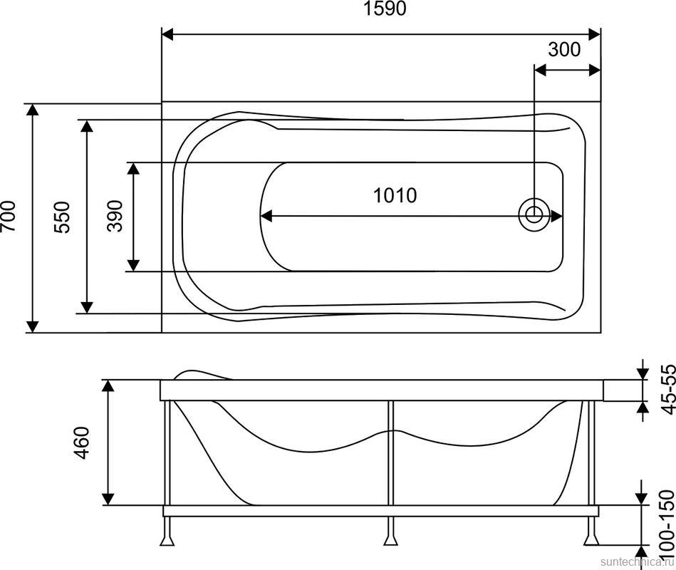 Акриловая ванна EUROLUX Akra 160x70 см, пристенная, белая, с каркасом, 160х70, с каркасом