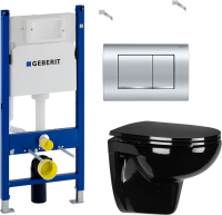 Комплект Унитаз подвесной Wanfald Lauta 47374100005 черный + Инсталляция Geberit Duofix Delta 458.163.21.1 с кнопкой смыва, хром