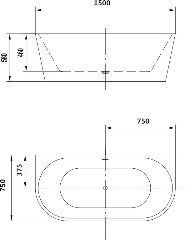 Акриловая ванна Art&Max AM-206-1500-750 150x75 см, пристенная, белая, овальная, с каркасом, со сливом-переливом