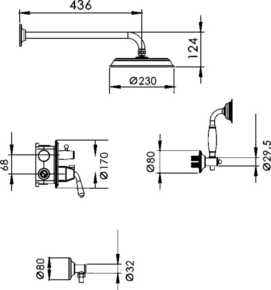 Душевой комплект Rose R0235Q С ВНУТРЕННЕЙ ЧАСТЬЮ, бронза