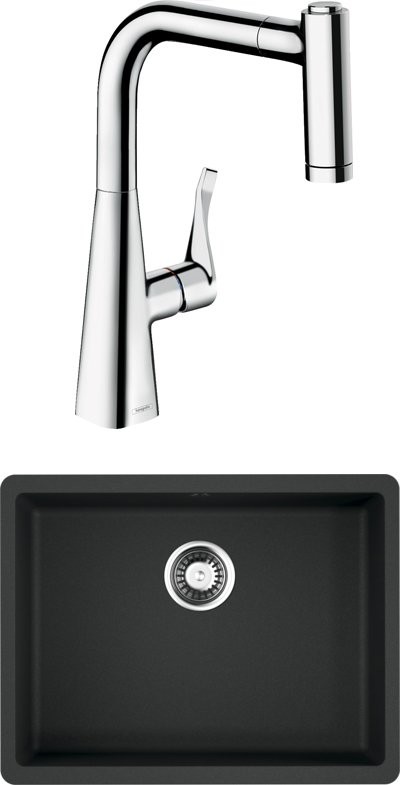 Комплект Мойка Omoikiri Kata 54-U-BL черная + Смеситель Hansgrohe Metris M71 14834000 хром