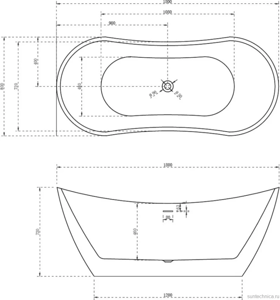 Акриловая ванна Abber AB9322 180x80 см, отдельностоящая, белая, овальная, с каркасом, со сливом-переливом