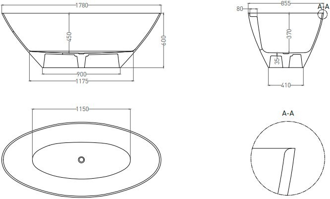 Ванна из искусственного камня Salini Diva S-Sense 180x85 см, отдельностоящая, белая, овальная, со сливом-переливом, с донным клапаном