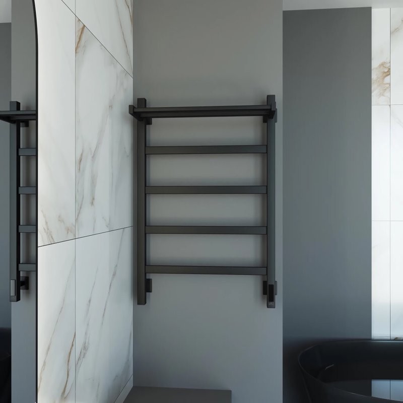 Полотенцесушитель электрический Grota Lore 530х800 RAL9005 EL 80x55 см, подключение справа, слева, скрытое подключение справа, матовый черный, лесенка, из стали, с полкой