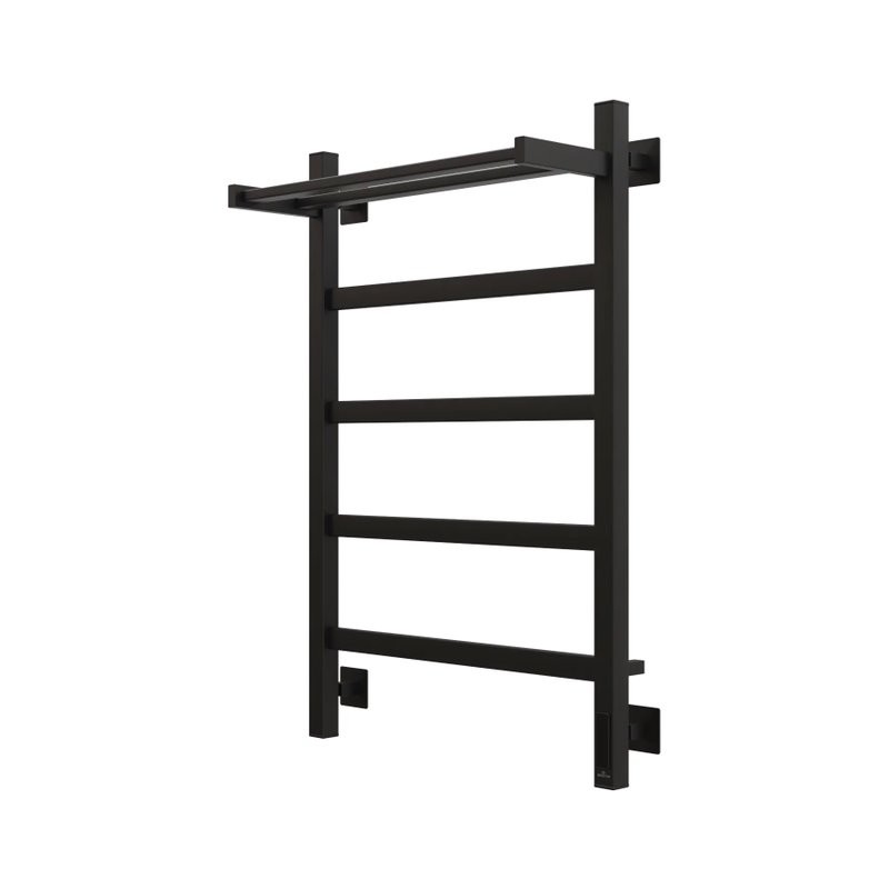 Полотенцесушитель электрический Grota Lore 530х800 RAL9005 EL 80x55 см, подключение справа, слева, скрытое подключение справа, матовый черный, лесенка, из стали, с полкой