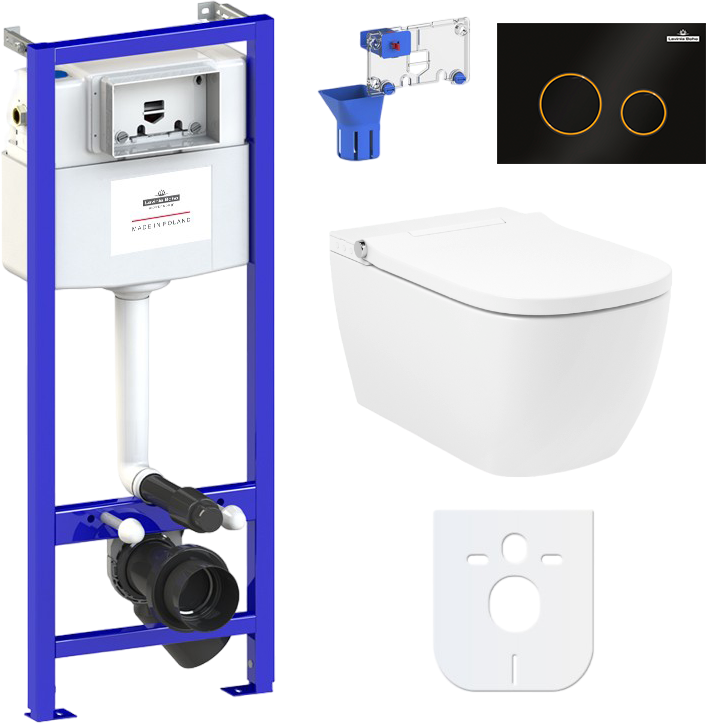 Комплект Lavinia Boho Унитаз подвесной Smart V-Clean 3359101R безободковый, с микролифтом + Инсталляция RelFix 38010010 + Кнопка RelFix 38050803 матовая черная, золотой глянец + Дозатор RelFix 38040010
