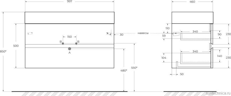 Тумба под раковину со столешницей Cezares Molveno 100 legno grigio, столешница marmo nero opaco
